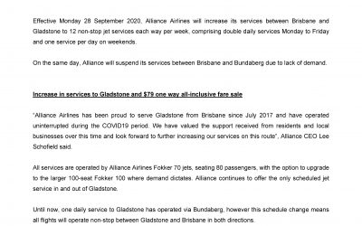 Alliance Airlines increases non-stop services between Gladstone and Brisbane