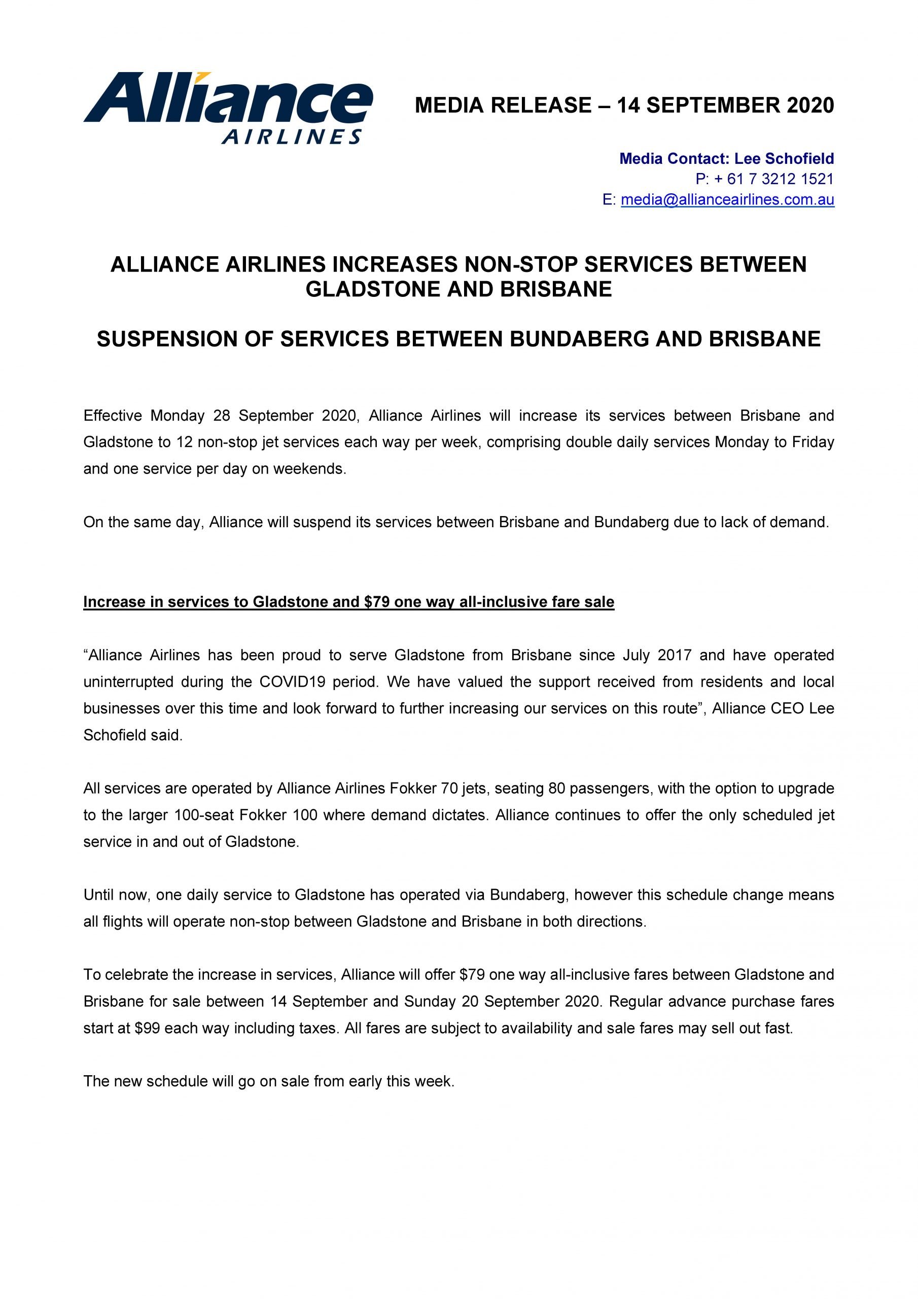 Alliance Airlines Media Release