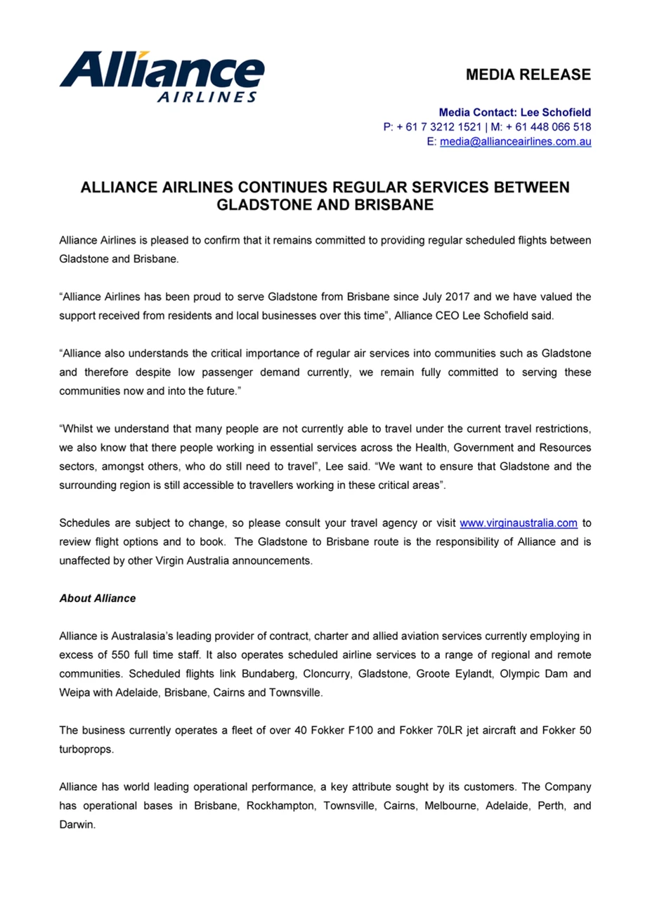 Alliance Airlines Continues Regular Services Between Gladstone And Brisbane